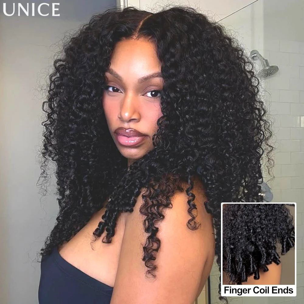 UNICE 7x5 & 13x4 Lace Curly Wig With Finger Coil Ends Pre Cut Pre Bleached 100% Human Hair Glueless Drawstring Wig 150% Den