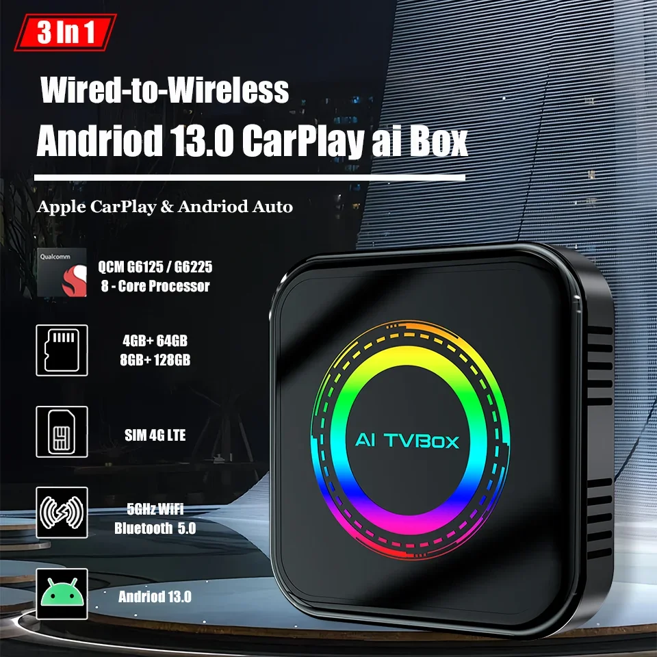 New Android 13 CarPlay Ai Box LED 8-Core 64G 128G Android Auto & Apple CarPlay 3In1 Car Smart Adapter 5GHz Wifi BT5.0 SIM 4G LTE