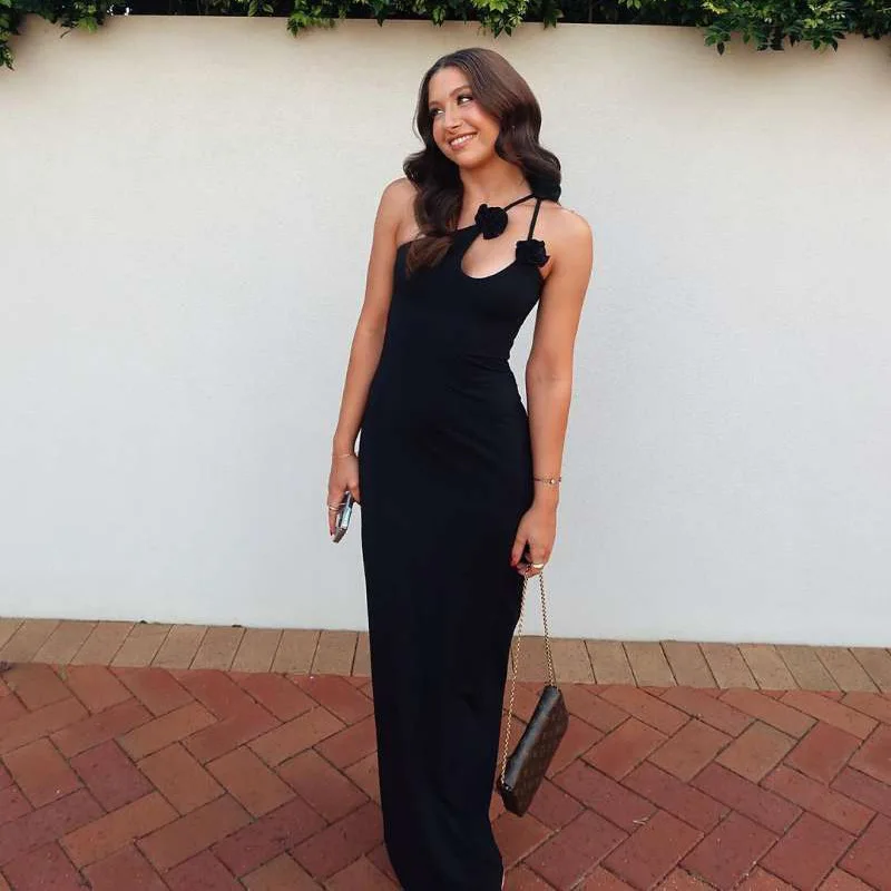 

Independent Station Women'S Spring/Summer New Style Flower Decoration Slant Shoulder Hollow Strap Dress