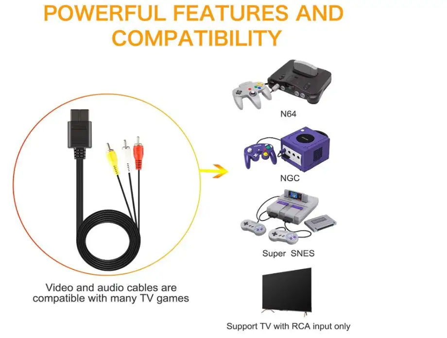 10PCS 1.8M AV Cable Composite Video Cord 6 Feet Line Compatible For Nintend 64 N64/GameCube/SNES/SFC TV Game Console AV Cable