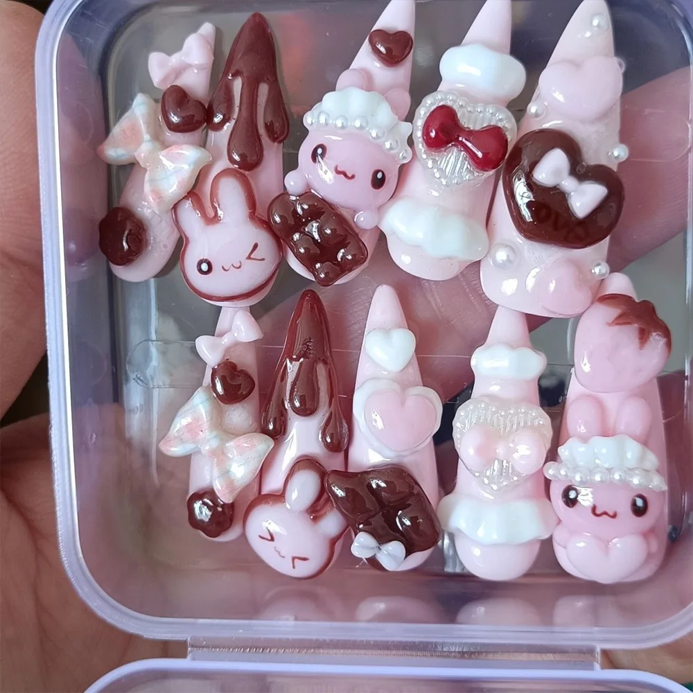 Niedliche Retro Japanische Rilakkuma Rosa Kaninchen Mandel Künstliche Nägel 3D Schleife Stern Katzenpfote Erdbeere Aufklebenägel Handaccessoires – Detail 18