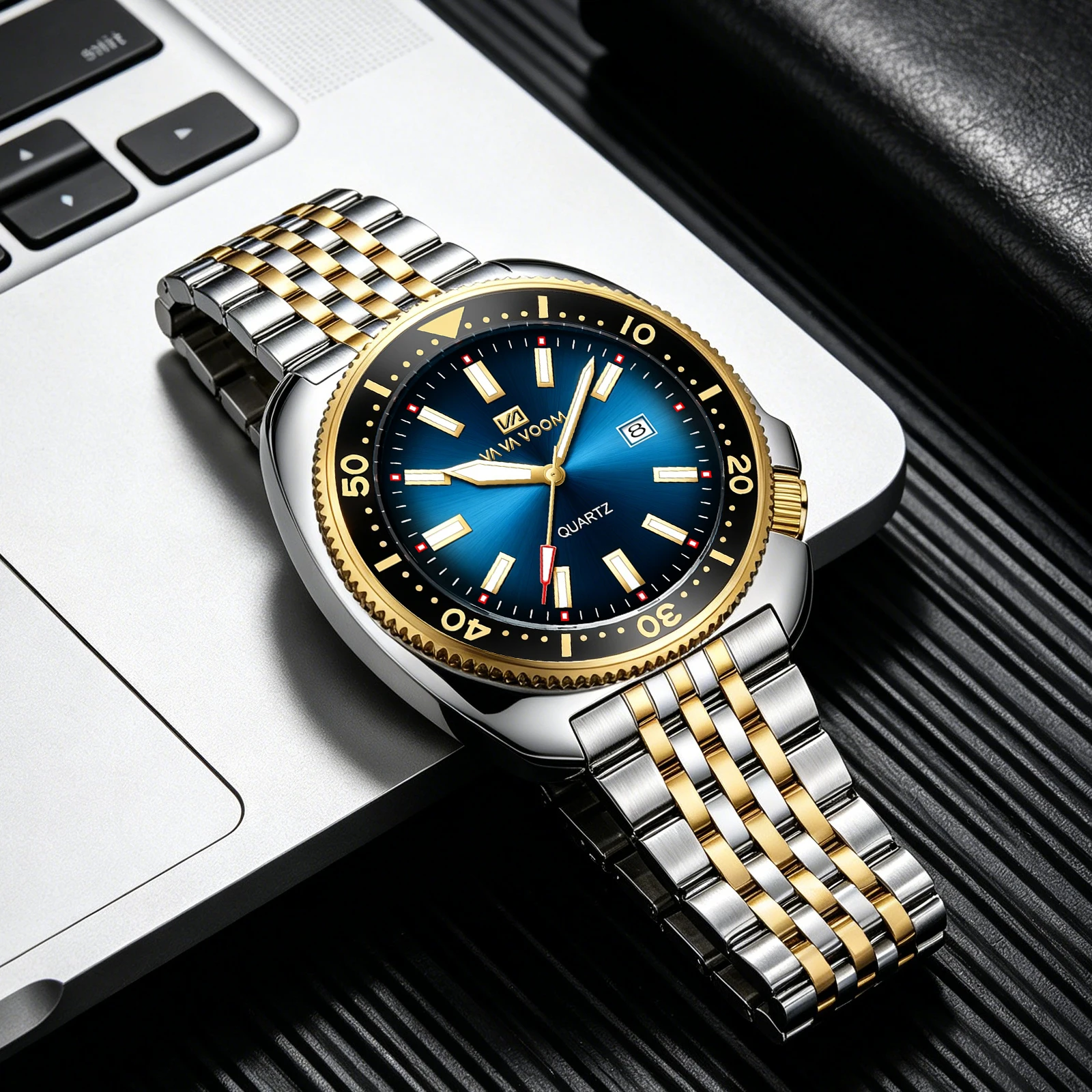 VA VA VOOM Quartz Watch Mens 42mm Gold Silver Elliptical Case Stainless Steel Strap Classic Luxury Wind Luminous Scale Rotating Bezel Diving Series Business Men Watch Local Shipping