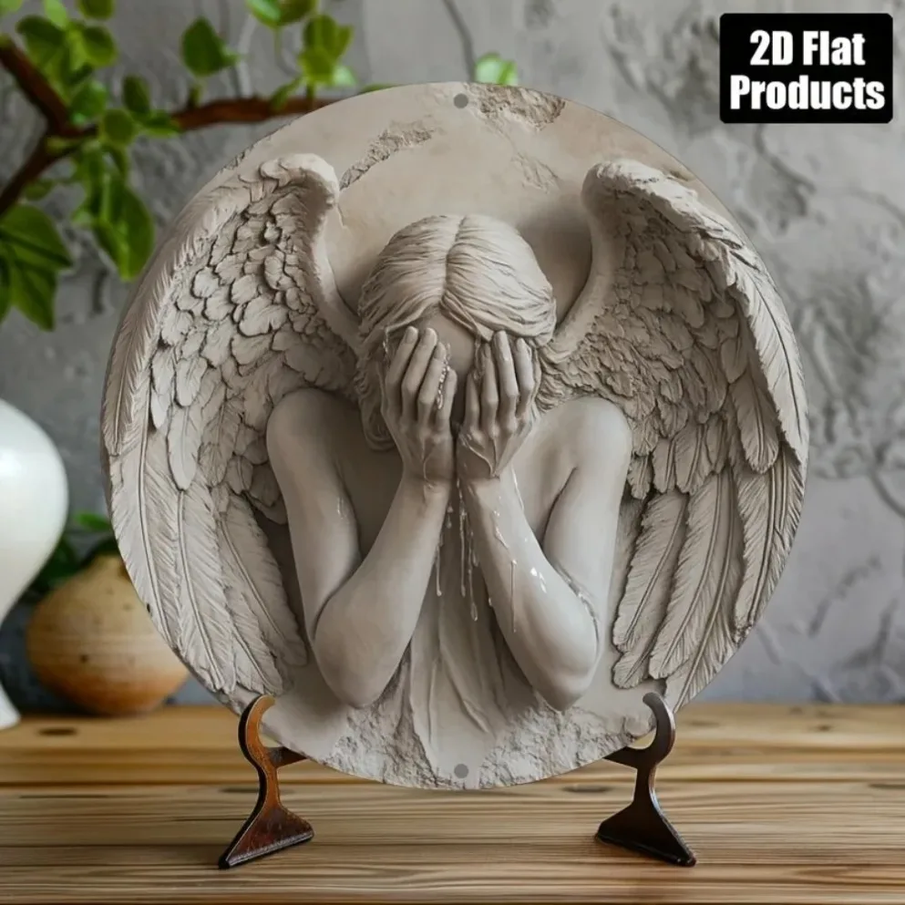 ديكور معدني بطابع ملائكة Weeping - ألومنيوم عتيق مستدير مسطح ثنائي الأبعاد للمكتب والحفلات وعيد الميلاد