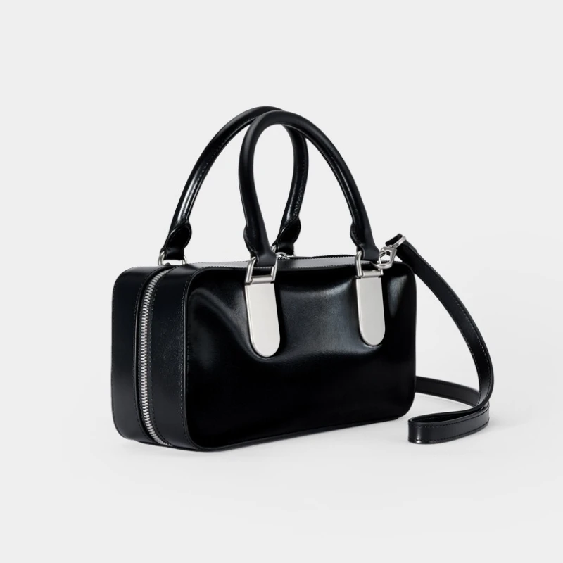 

TADFAB Women's Handbag Niche Design Black Patchwork Genuine Leather Versatile Single Shoulder Crossbody Boston Tote Bag