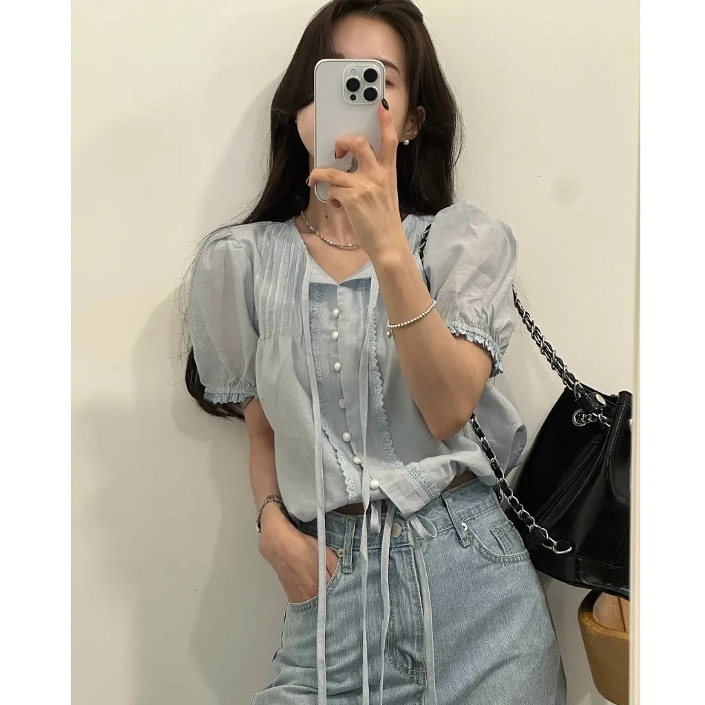 

Ruffle ort Sve Single Button Pleated Lace Trim Patchwork irt Commute Sle Thin Fabric Bubble Sve Pure Color Women'...