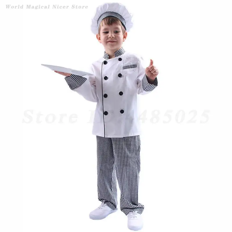 Toddler Chef Costume Halloween Children's Day Cosplay Clothes Boys Girls White Coat Pants with Chef Hat 3PCS Dress Up Outfits