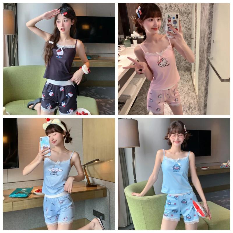 

Sanrio Girl Tank Tops Summer Camisole Shorts Pajama Set with Breast Pad Cartoon Hello Kitty Sexy Suspender Home Loungewear Vest