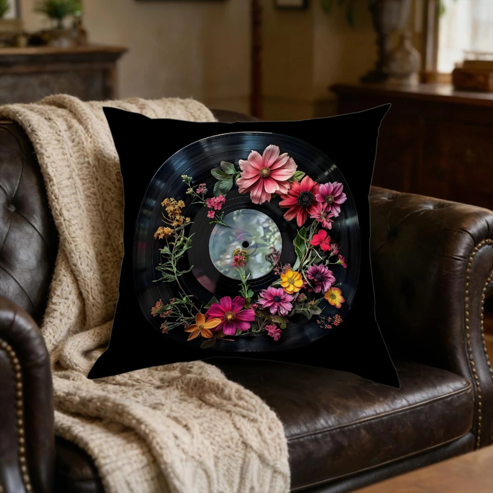 1pc Vintage Vinyl Record Floral Cushion Cover Black Music Flower Pillowcase For Sofa Bed Living Room Decorative Home Gift Soft