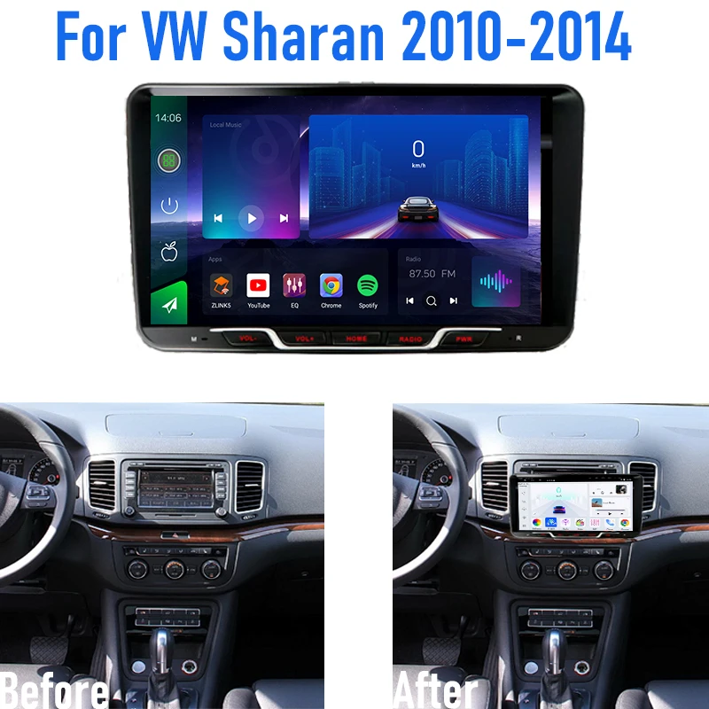 9'' For VW Sharan 2010-2014 Car Radio 4G SIM Carplay Android 15 Auto GPS Steering Wheel Control Head Unit 2DIN Google Map FM BT