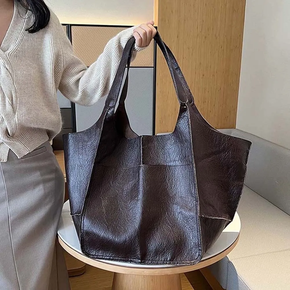 

Casual Soft PU Tote Bag Magnetic Button Multi-Pocket Large Capacity Shoulder Bag American Style Polyester