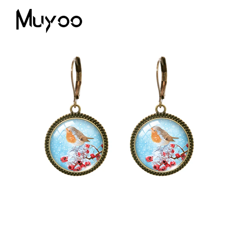 2023 New Robin Painting Dangle Earring Vintage Earrings Birds Art Round Glass Dome Handmade Jewelry