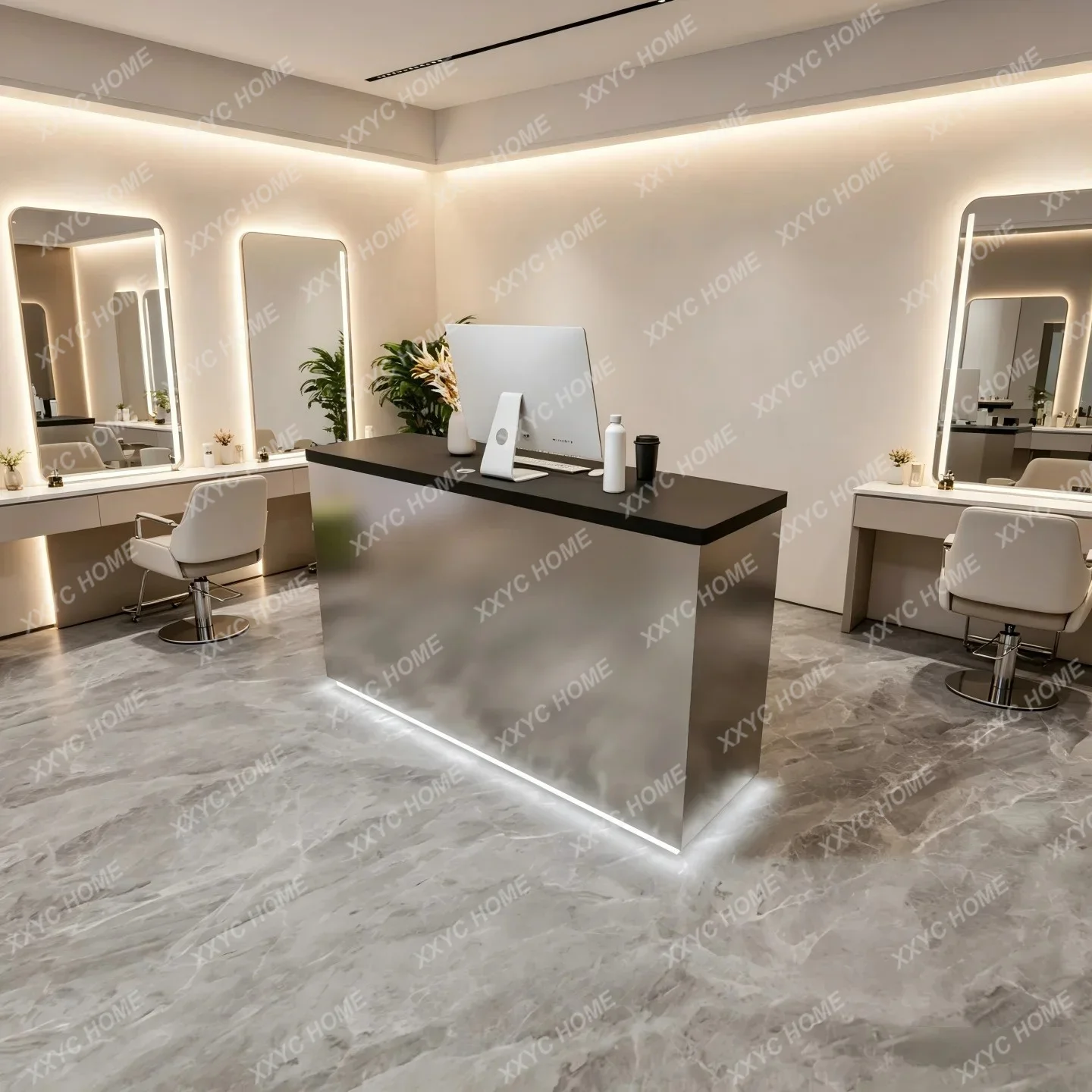 

A Stainless steel checkout page Hair salon front desk Clothing store Light luxury high-end reception desk