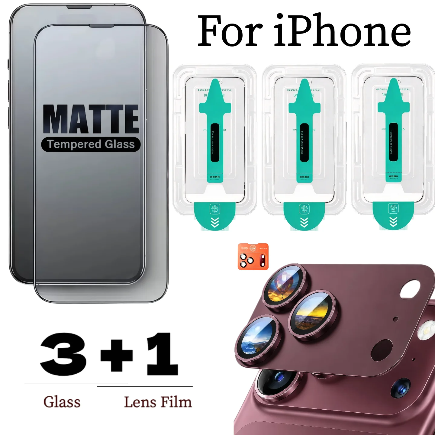 【4in1】3-pack Matte HD Tempered Glass Screen Protector + 1-pack Matte Armor Aluminum Alloy Lens Protector for iPhone 18ProMax