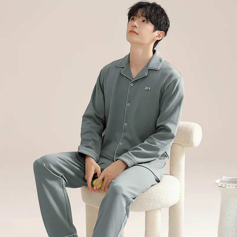

5XL Plus Size Mens Autumn Pajama Set Pure Cotton Soft Sleepwear Korean Solid Long Sleeve and Pants Home Clothes with Pockets
