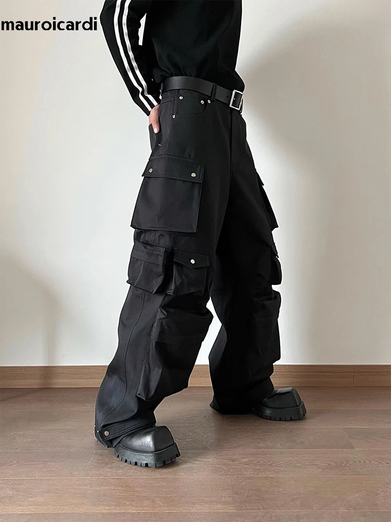 

Mauroicardi Spring Autumn Cool Black Wide Leg Cargo Pants Multi Pockets Long Techwear Clothes Handsome Trousers Streetwear 2023