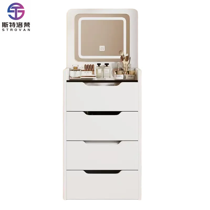 Modern Wooden Panel Dressing Table Lighted Mirror Cream White Pink Vanity Desk Makeup Storage Organizer Apartment Assembled
