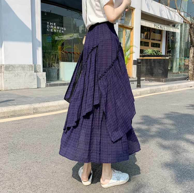 2024 Summer Retro Plaid Long Women New High Waist Slim Casual Simple Contrast Color Irregular Big Swing Skirt Free Shipping