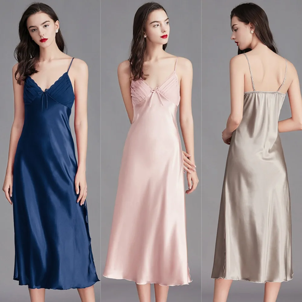 

Cross-border Large-size Suspender Pajamas for Women, Summer Women's Ice Silk Nightgown, Long Home Clothes