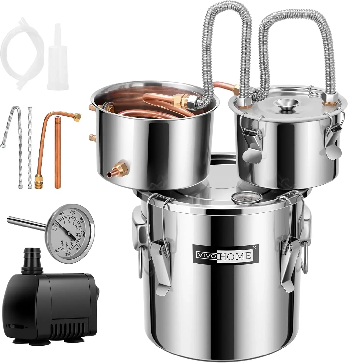 8 Gal Alcohol Still, 3 Stainless Steel Pots Home Brewing Kit with Built-in Thermometer, Water Pump for DIY Whiskey, Wine, Brandy