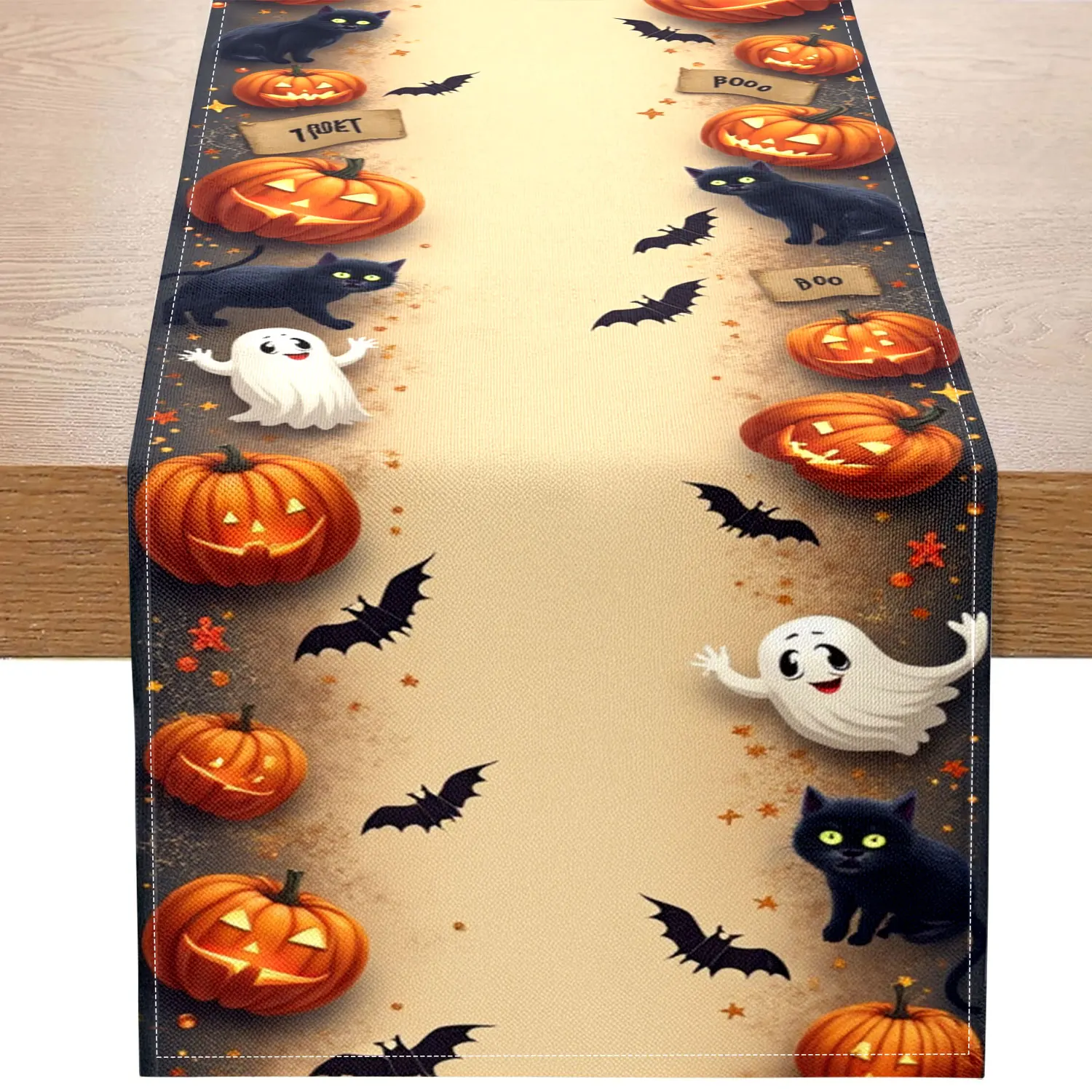 1 Piece Halloween-Themed Table Runner, Featuring Black Cats, Pumpkins, and Ghost Patterns, Suitable for Halloween Parties and Holiday Decorations