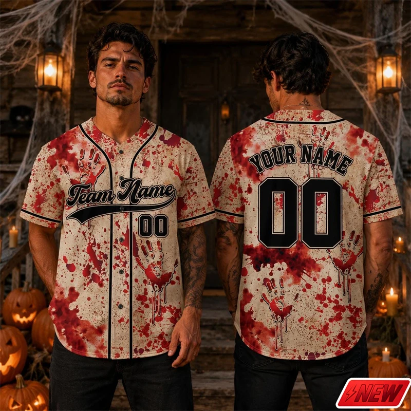 Men Halloween Custom Name Baseball Jersey Short Sleeve 3D Print Blood Handprint Splatter Pattern  Shirt Unisex Horror Party Tops