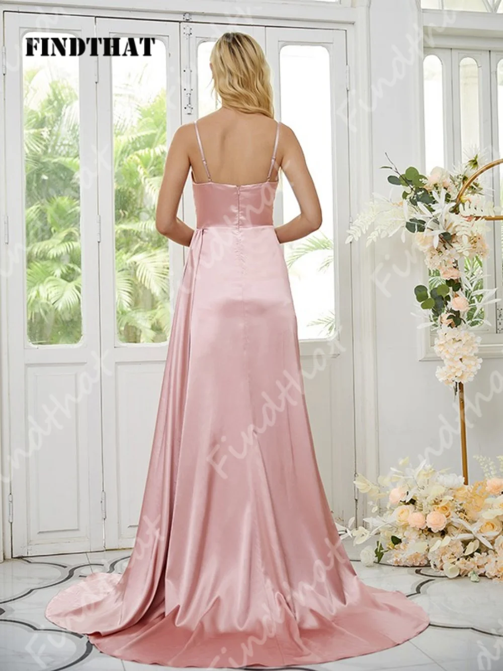 Vestido maxi feminino de cetim rosa, vestido de dama de honra para festa, elegante, fenda lateral, linha a, vestido de noite plissado com trem, vestidos de baile personalizados