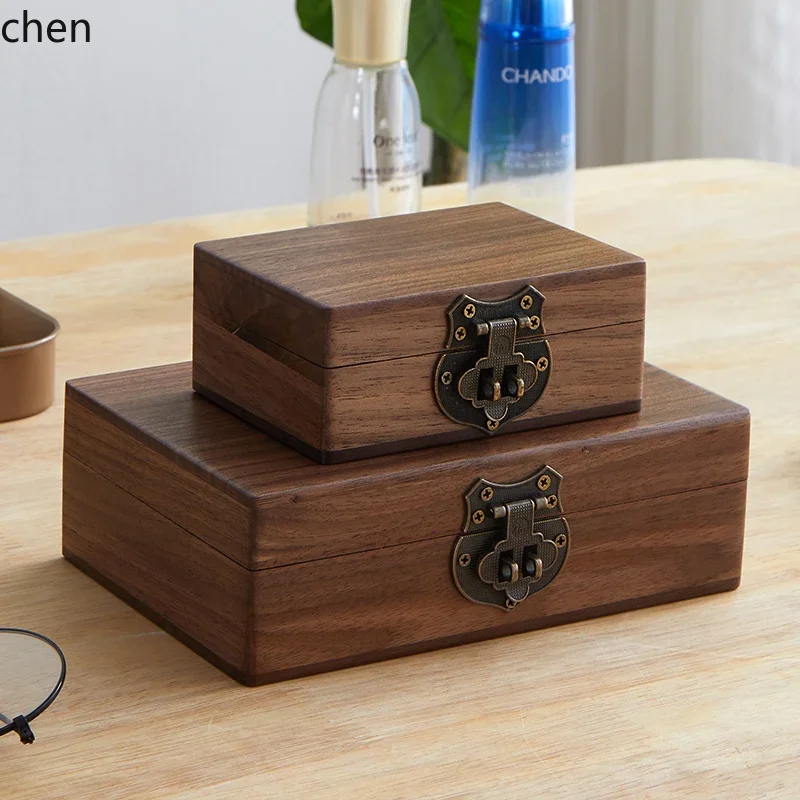 TQH-a7.7 Lockable Stamp Storage Box Wooden Document Desktop Organizer Home Solid Wood Storage Bin