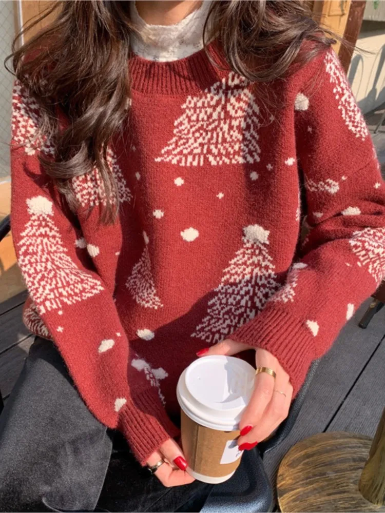 

Ugly Christmas Snowflake Print Knitted Sweater Women Autumn Winter 2024 New Fashion Loose O-neck Long Sleeve Pullovers Jumper