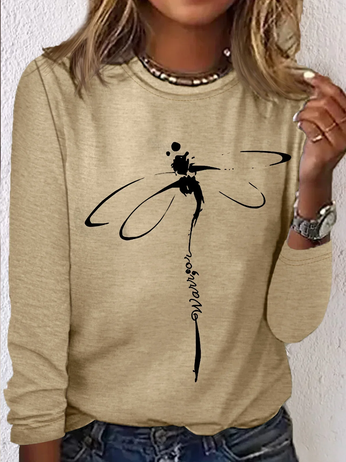 Autumn Women Long Sleeves Round Neck Oversized T Shirt For Women Black Fashion Ladies T-Shirt Dragonfly Print Top Casual Clothes