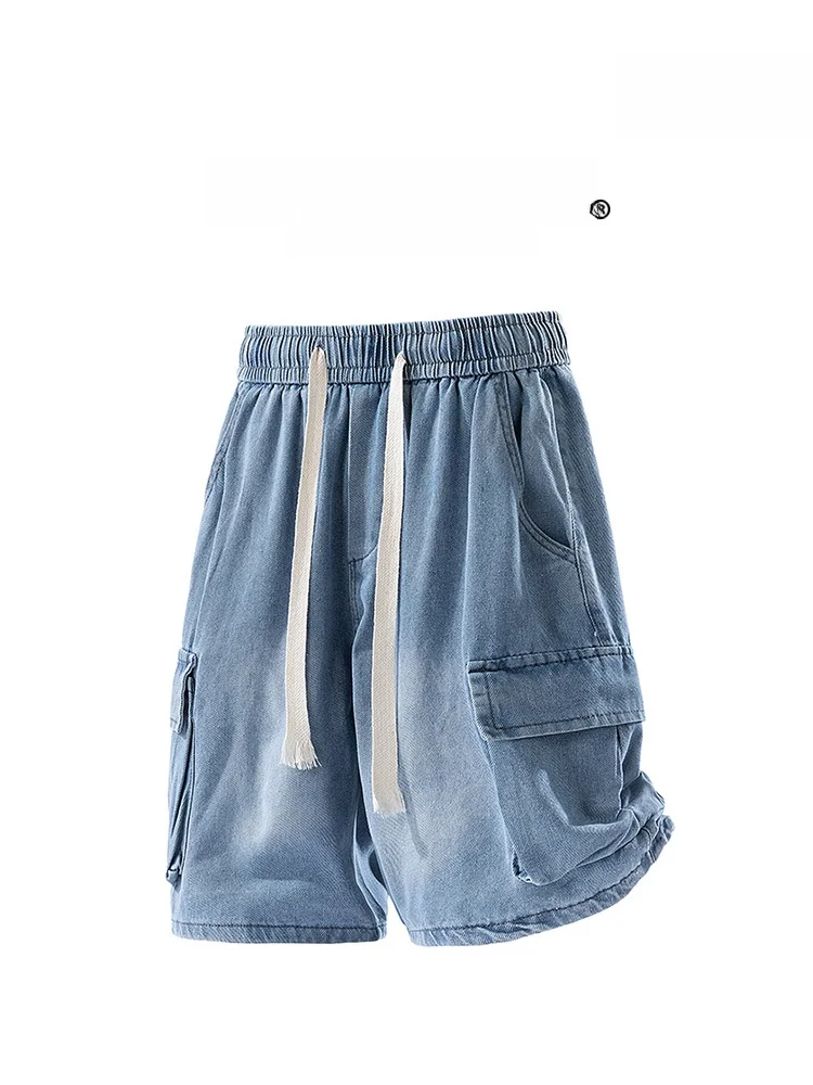 

KITH Summer New Waed Large ket Loose Workwear Five-Quarter Denim orts Men's Casual Breathable Cotton Polyester Blend