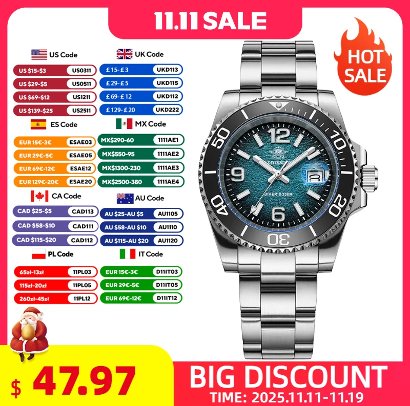 ADDIESDIVE 41mm Men's Diving Watch AD2513 200m Waterproof 316L Stainless Steel Quartz Wrist Watch Calendar BGW9 Super Luminous