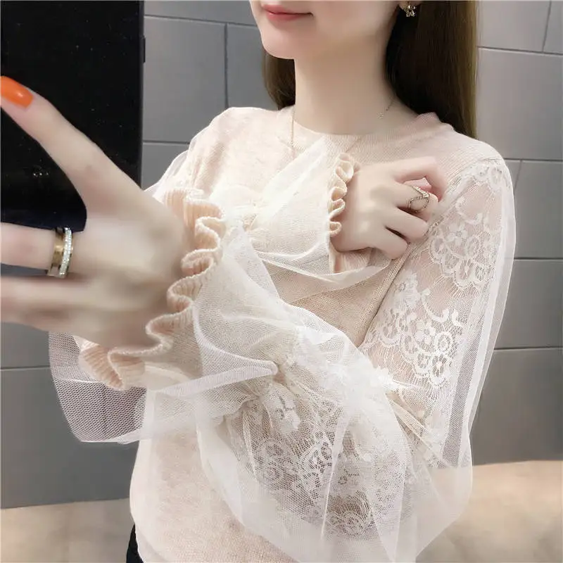 Woman Sweaters Mesh Lace Stitching Knitwear Short Sweater Women\'s Top Femme Chandails Pull Hiver