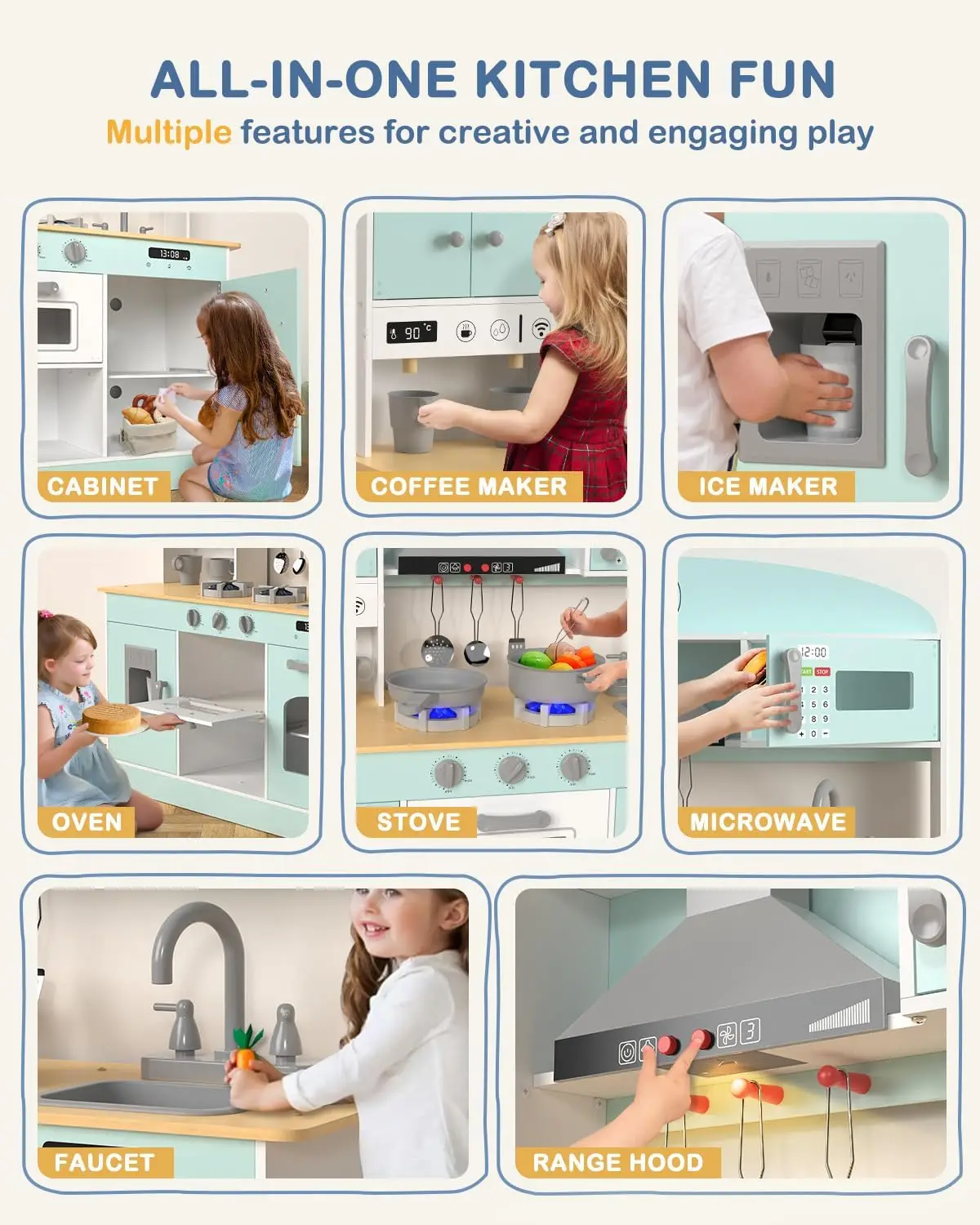 나무 놀이 주방 세트, 조명 및 소리 포함, 3 세 이상 어린이용 놀이 주방, 스토브, 오븐, 전자 레인지, 커피 M 포함