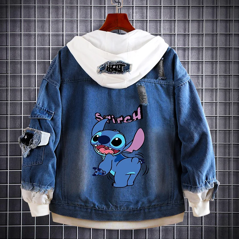 Miniso Hooded Disney Lilo Stitch Denim Coat Cartoon Print Harajuku Couple Jackets Patchwork Button Casual Oversized Coat For Men