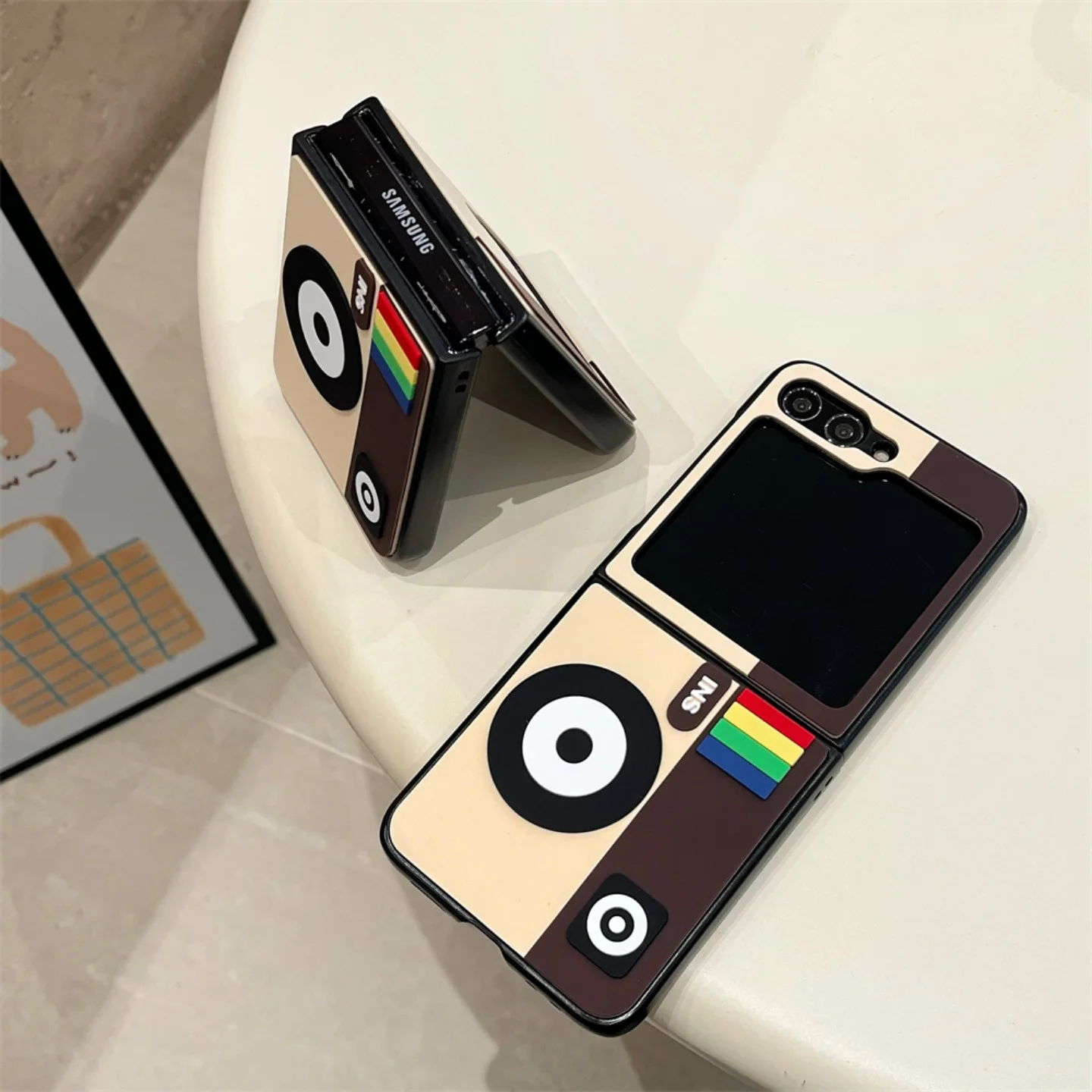 漫画カメラ付きSamsung Galaxy Z Flip Z Fold 7 6 5 4用保護バックカバー、ZFold7 ZFlip6 ZFlip7ケースシェル