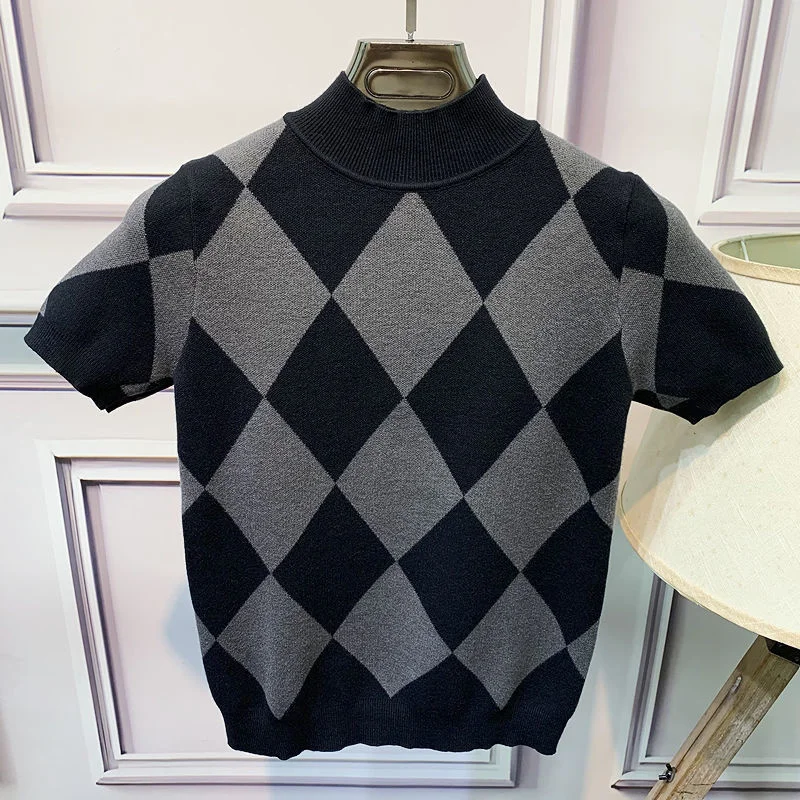 2022 Spring Short Sleeve Half Turtleneck Knitting T-Shirt Men Slim Diamond Plaid Knitted Bottoming Shirt Social Club Outfits