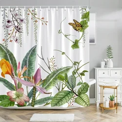 Botanical Floral Shower Curtain Green Leaf Hummingbird Tropical Nature Landscape Polyester Fabric Shower Curtains Bathroom Decor