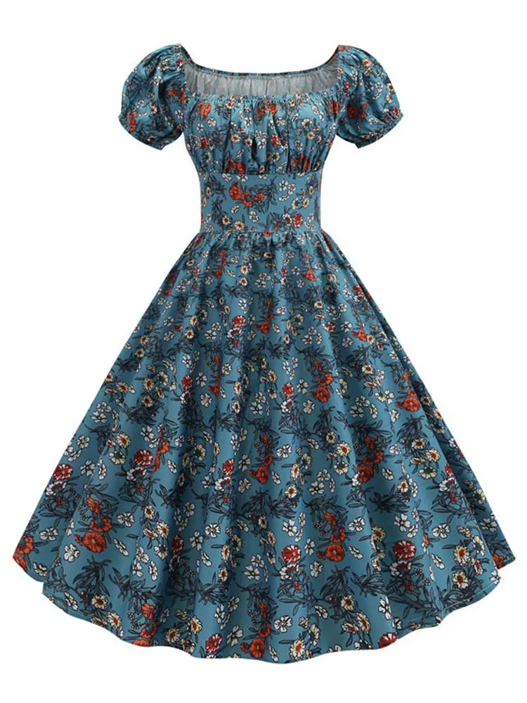 Vestido Midi Vintage con estampado Floral para mujer, traje elegante abullonada de manga, corte en A, para fiesta, Rockabilly, Pinup, Verano