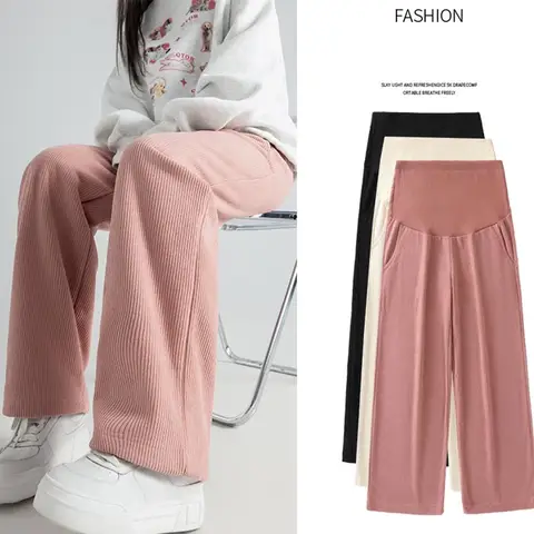 Pregnant Women Pants Autumn Winter Wear Corduroy Wide-leg Pants High-waisted Draped Casual Plus Size Lined Straight-leg Pants