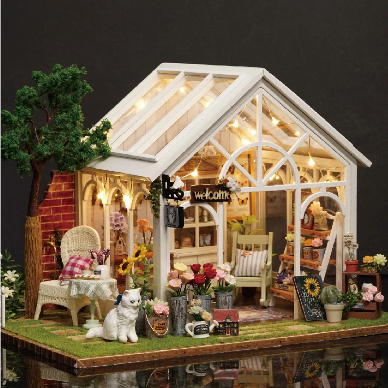 DIY Wooden Sunshine Greenhouse Cottage Figurines Miniatures Kits Assembled Houses Casa Friends Birthday Gifts Home Decor Crafts