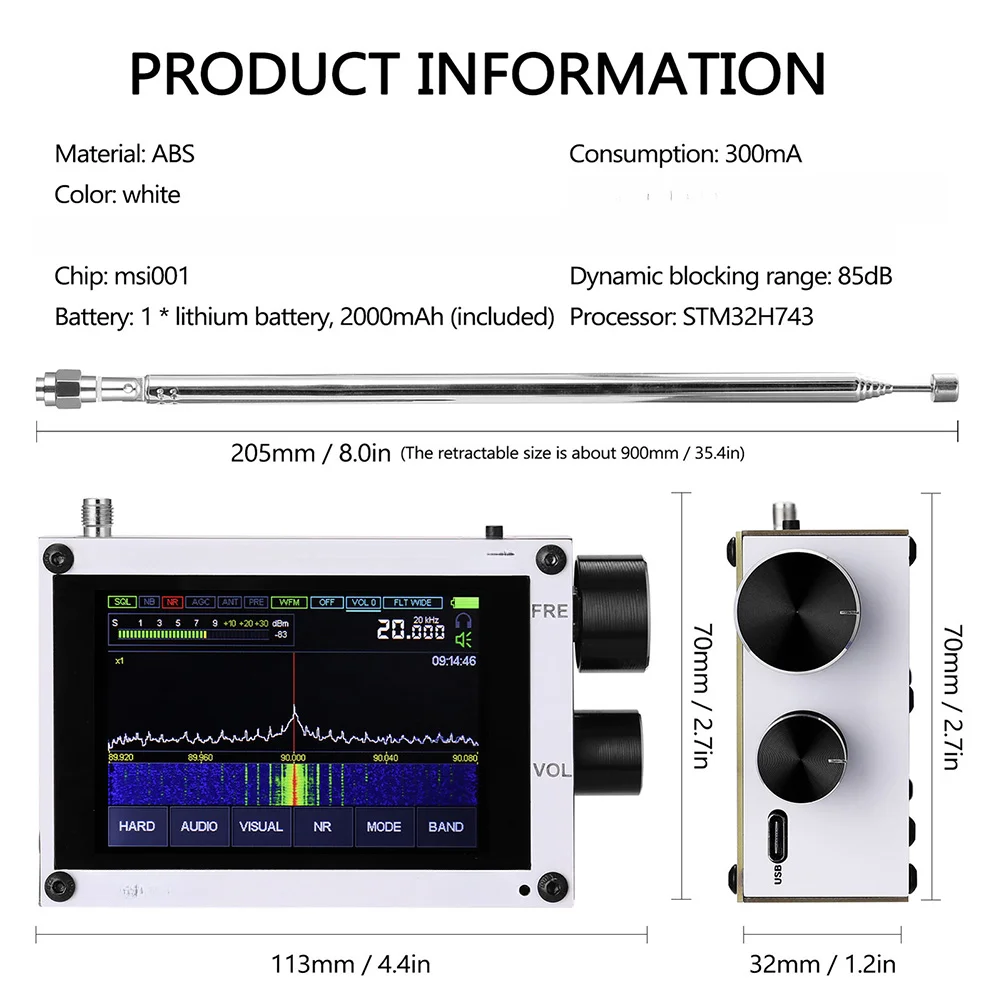 3.5-inch IPS Touchscreen Software Defined Radio for AM SSB NFM WFM Reception 50kHz-2GHz with Connector and Interface