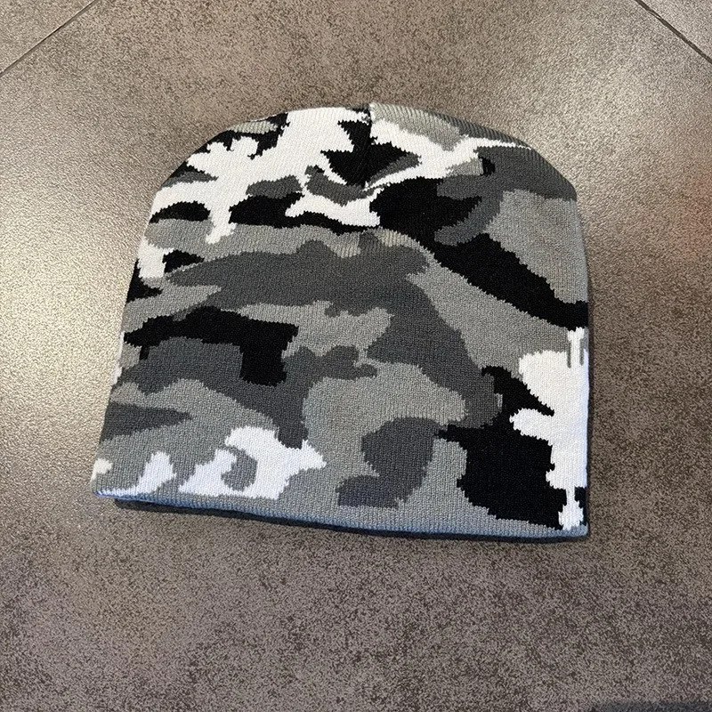 European Camouflage Knitted Hats Color Block Autumn and Winter New Warm Hip Hop Versatile Street Fashion Outdoor Retro Beanies