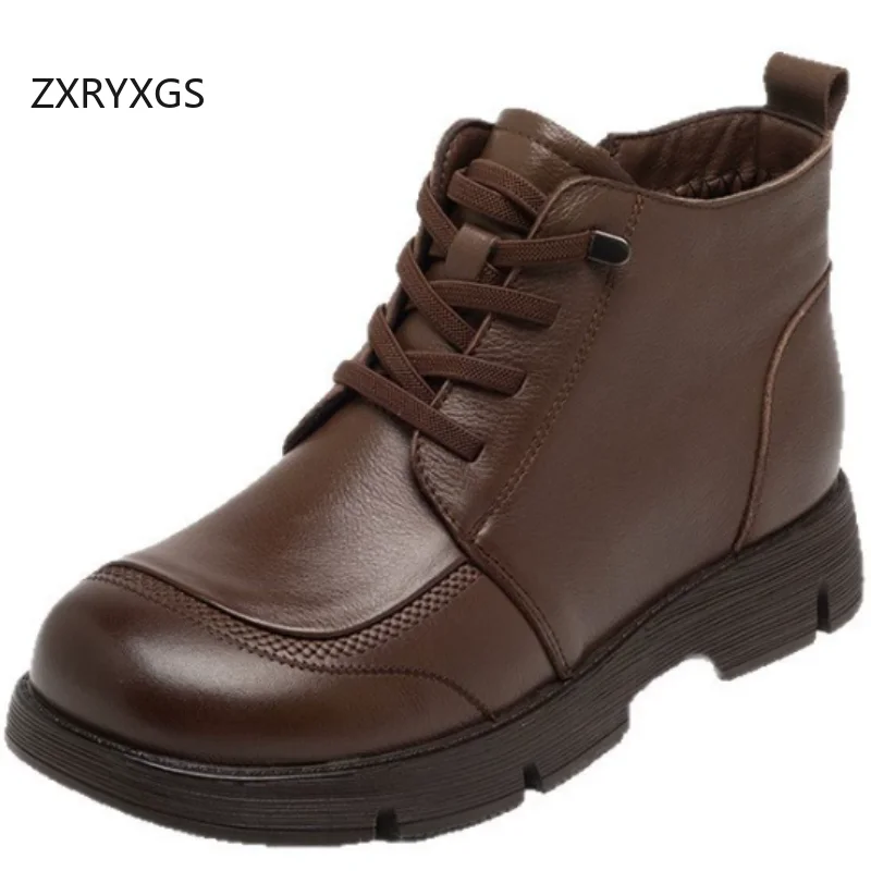 ZXRYXGS Top Layer Cowhide Short Boots 2026 New Genuine Leather Autumn Winter Boots Flat Thick Sole Comfortable Women Boots Tide