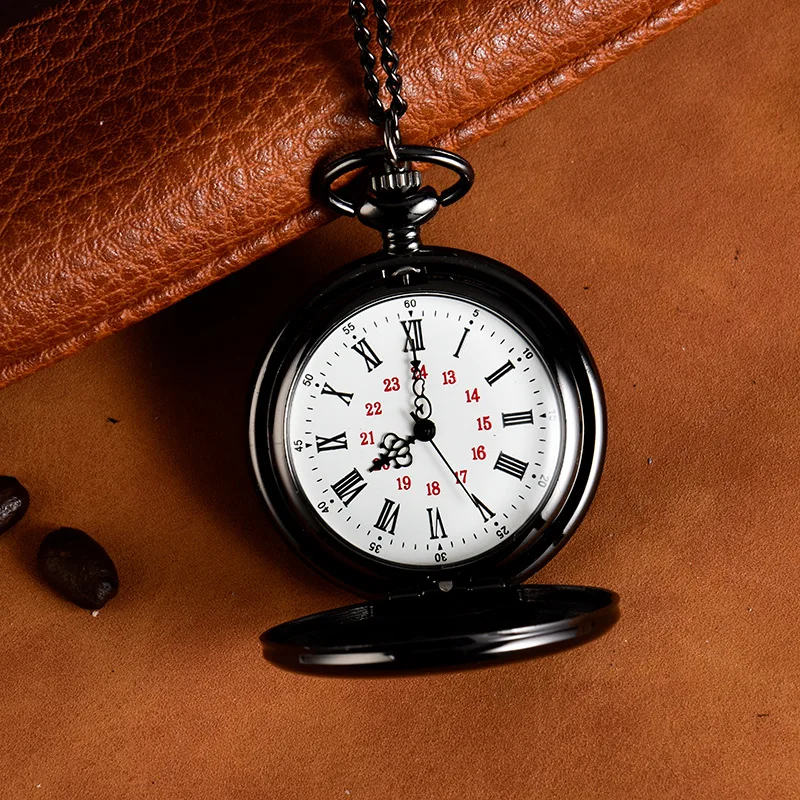 Reloj de bolsillo de cuarzo para hombre y mujer, reloj de lujo Vintage con estuche negro liso, cadena Fob con números romanos para colección, relojes de collar