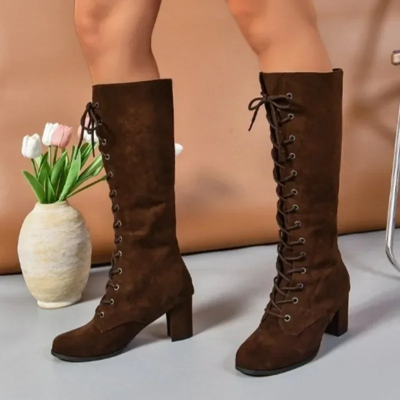 Comemore Shoes for Women Classic Style Cross-laced Winter Women\'s Boots Casual Fashion Thick Heel Brown Long Boots Zapatos Mujer