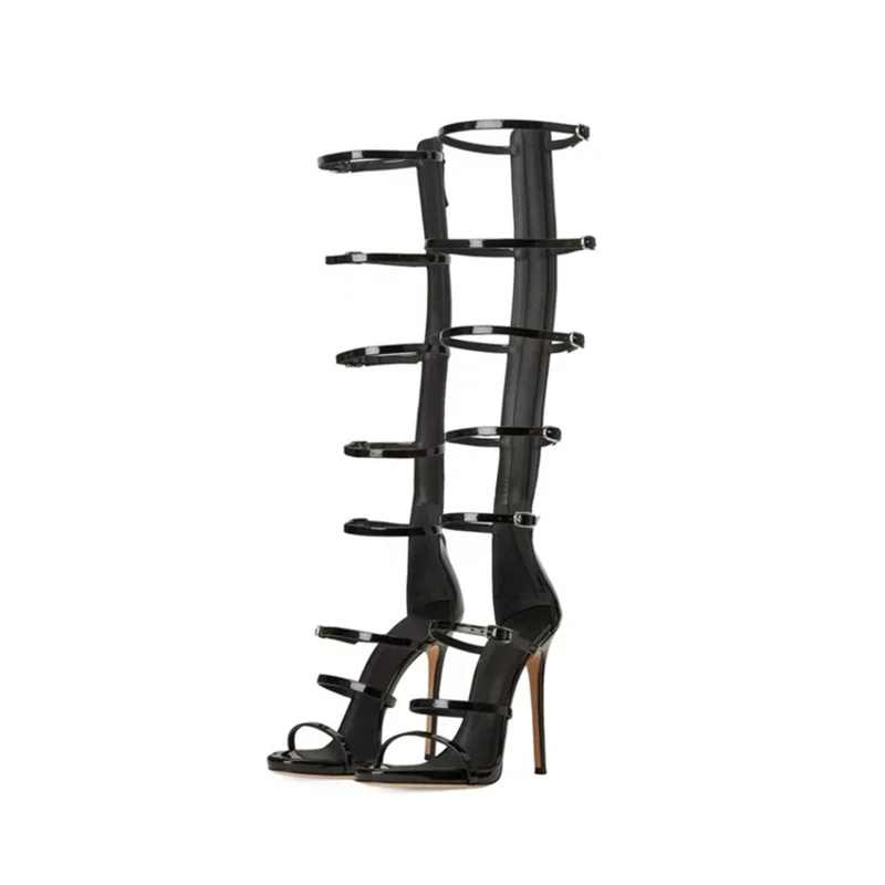 Summer Women's Cool Boots New 2026 Sexy 10cm High Heel Sandals Buckle Black Gold Dress Party Woman's Knee Boots Big Size 36-43 view 4