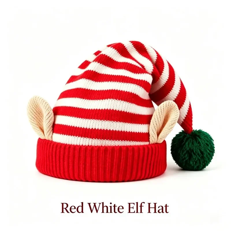Bonnet de Lutin Rayé avec Oreilles et Pompon – Rouge, Vert ou Blanc – photo 7