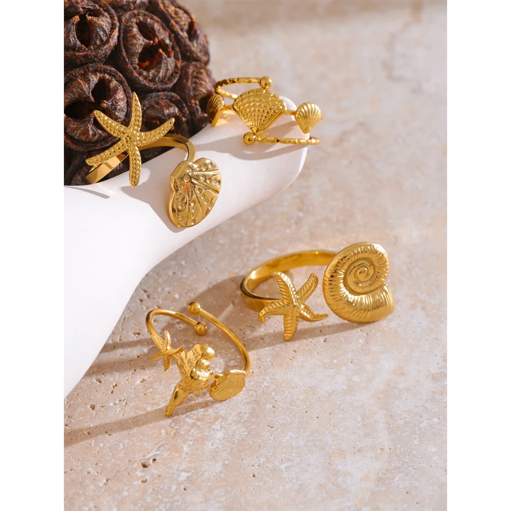 Yhpup Summer Ocean Style Shell Starfish Conch Adjustable Golden Ring 18K PVD Plated Stainless Steel Daily Jewelry Gift