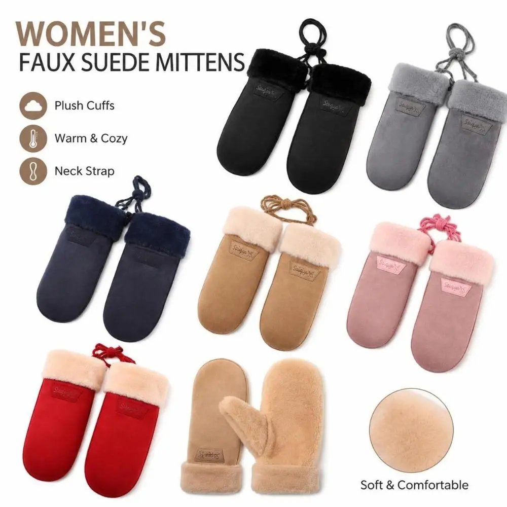 1 Pair New Faux Suede Warm Mittens Cuffs Neck Strap Faux Suede Mittens Soft Texture Warm Winter Gloves Women's Winter Wear