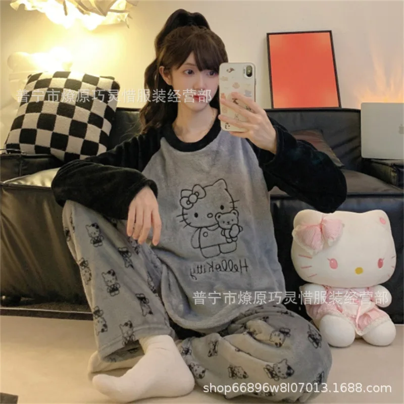 coral fleece Hello Kitty pajamas women\'s winter plus velvet thick warm Kuromi pajamas Flannel Cinnamoroll Pajamas